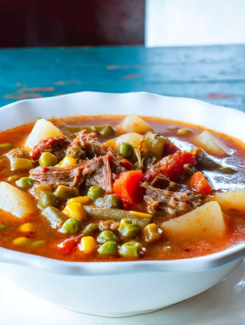A bowl of soup with meat and vegetables.