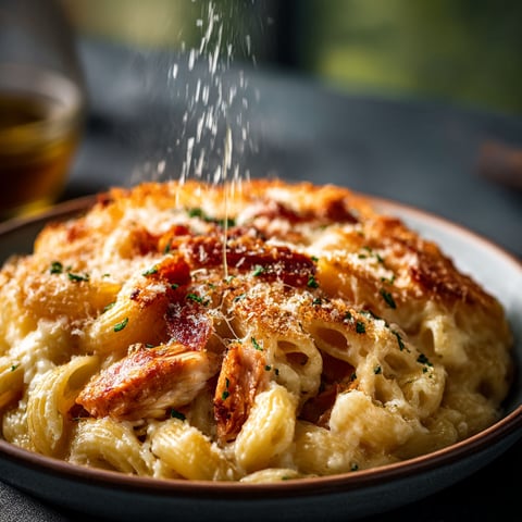 A plate of food with cheese and bacon on top.