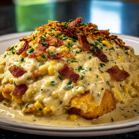 A plate of food with bacon and corn on top.