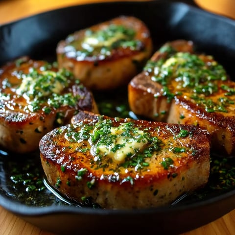 A plate of meat with sauce and herbs.