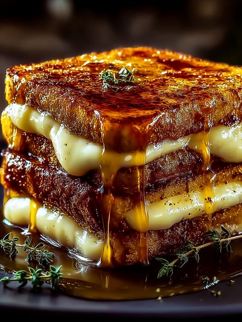 A stack of French toast with cheese drizzled on top.
