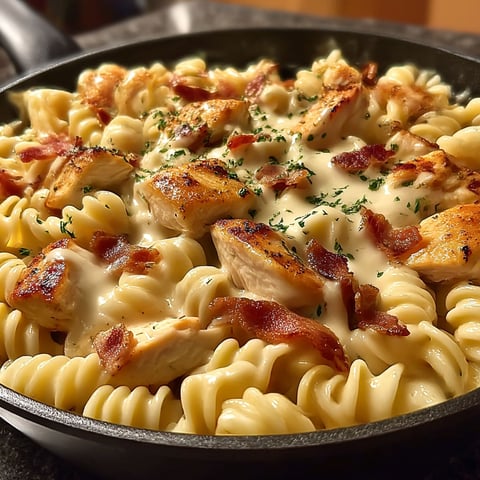A pan of chicken and pasta.
