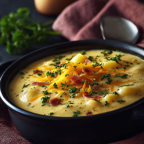 A bowl of soup with bacon and cheese.