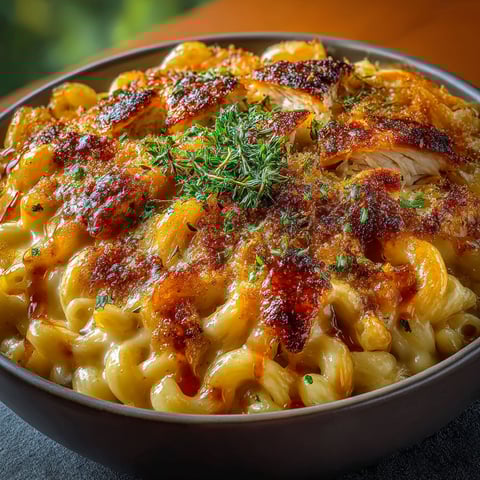 A bowl of macaroni and cheese with chicken on top.
