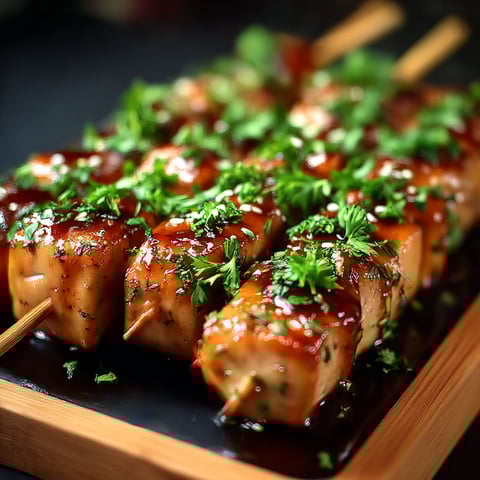 A wooden platter with skewers of meat and vegetables.