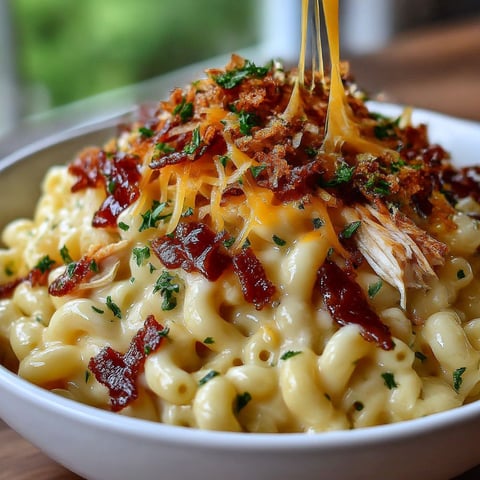 A bowl of macaroni and cheese with bacon on top.