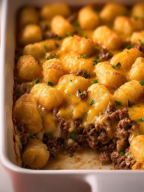 A delicious looking casserole dish filled with cheese and potatoes.