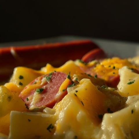 A plate of food with a hot dog and a sausage.