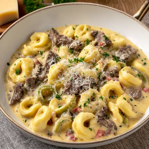 A bowl of pasta with meat and cheese.