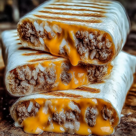 A stack of three burritos with cheese and meat.