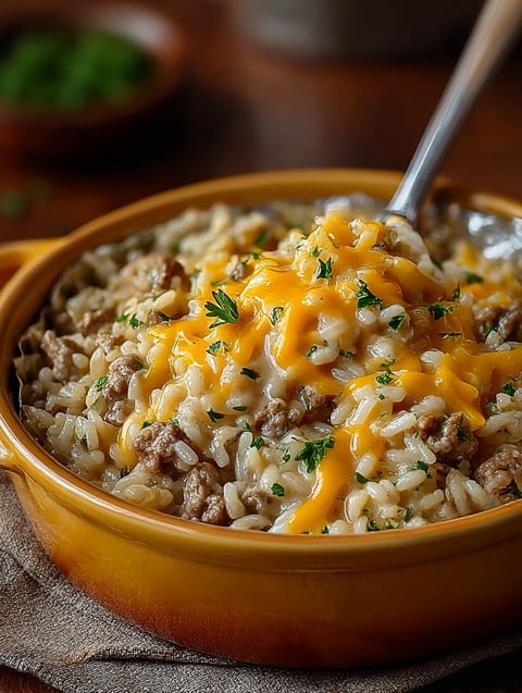A bowl of rice with cheese and meat.