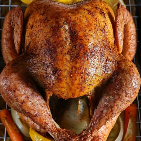 A roasted turkey with vegetables.