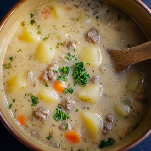 A bowl of soup with meat and vegetables.
