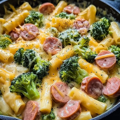 A delicious pasta dish with broccoli and sausage.