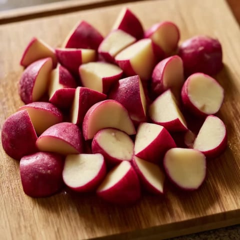 A wooden cutting board with sliced potatoes on it.