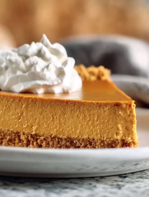 A slice of pumpkin pie with whipped cream on top.