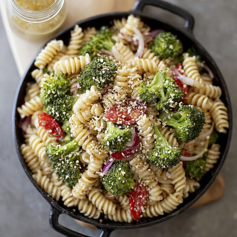 A bowl of pasta with broccoli and tomatoes.