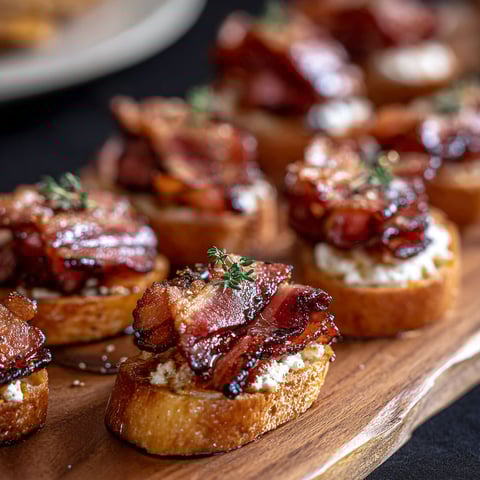 Bacon and cheese appetizers on a wooden platter.