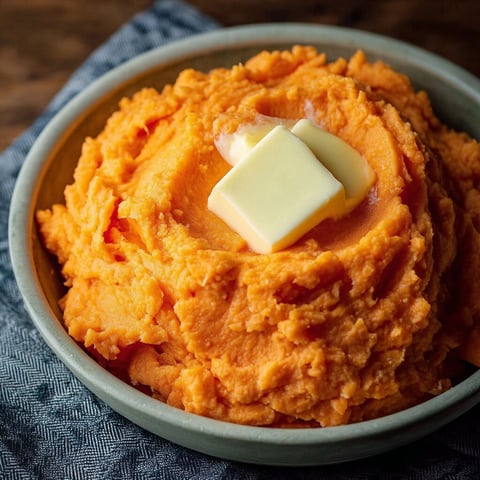 A bowl of mashed sweet potatoes with butter on top.
