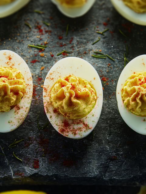 Three eggs with red pepper on top.