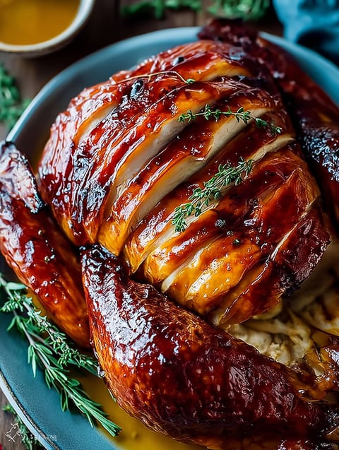 A roasted turkey with a glaze and herbs.