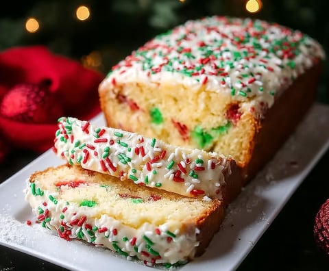 A slice of cake with sprinkles on a plate.