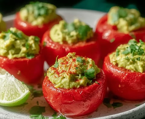A plate of red peppers with a creamy dip.