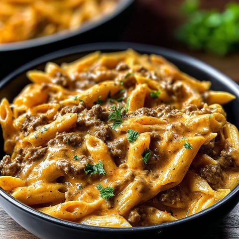 A bowl of pasta with meat sauce.