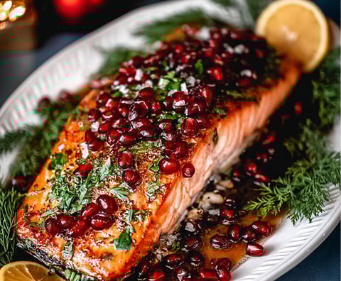 A salmon dish with a lemon wedge on top.