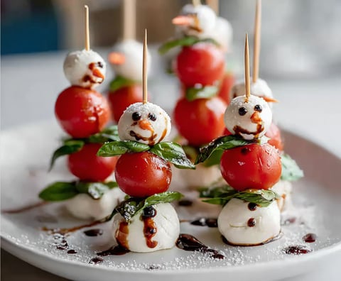 A plate of food with tomatoes and cheese on a stick.