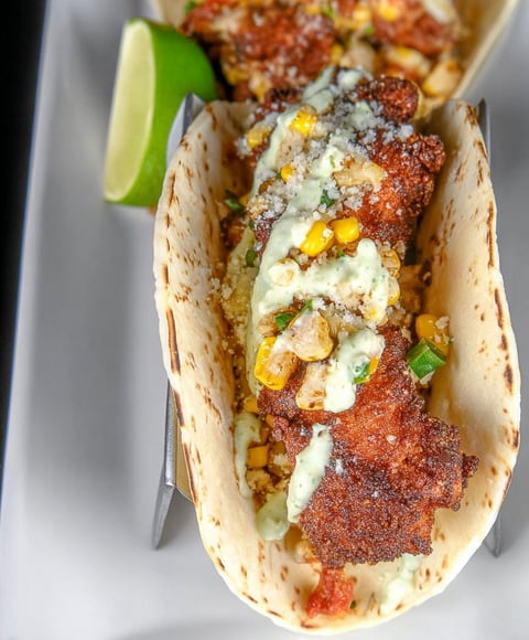 A plate of food with a taco and fish.