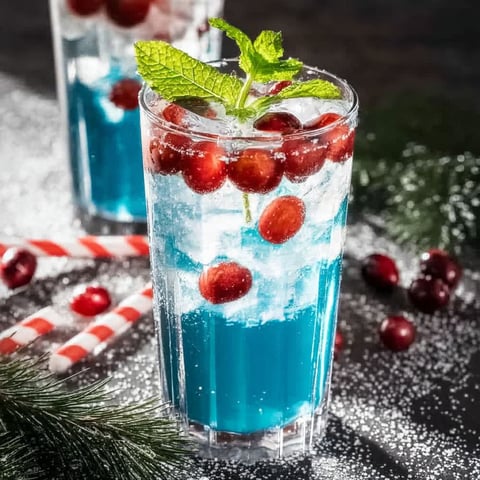 A glass of blue drink with cranberries in it.