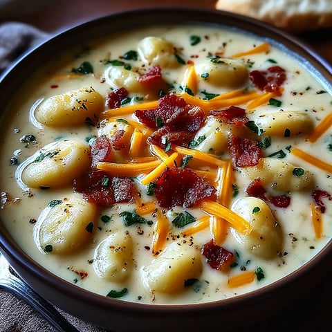 A bowl of soup with cheese and bacon.