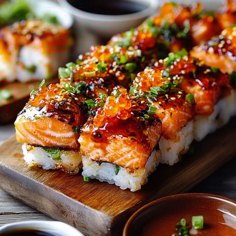 Sushi rolls on a wooden cutting board.