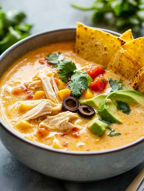 A bowl of soup with chicken, avocado, and tortilla chips.