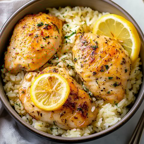 A bowl of rice with chicken and lemon.