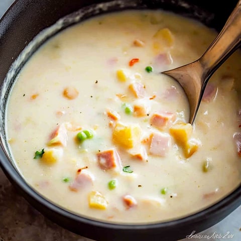 A bowl of soup with a spoon in it.