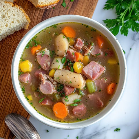 A bowl of soup with a spoon in it.