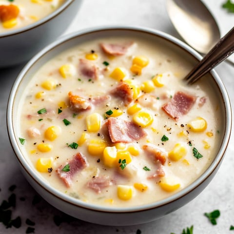 A bowl of soup with corn and ham.