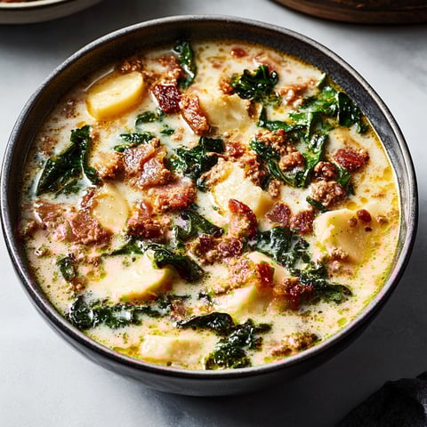 A bowl of soup with bacon and spinach.