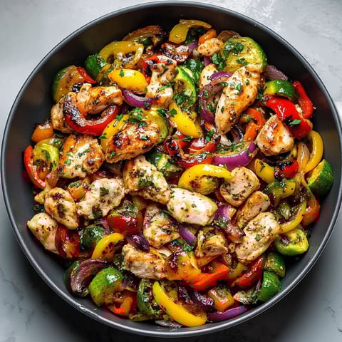 A bowl of chicken and vegetables.