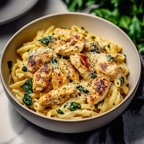 A bowl of pasta with chicken and spinach.