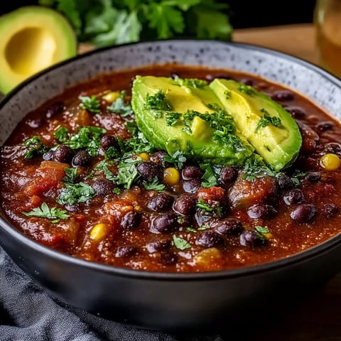 A bowl of soup with avocado and black beans.