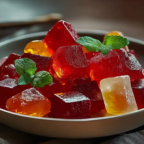 A bowl of red jello with mint leaves on top.
