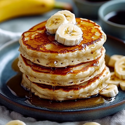 A stack of pancakes with bananas on top.
