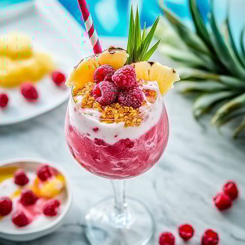 A glass of fruit with raspberries and pineapple.