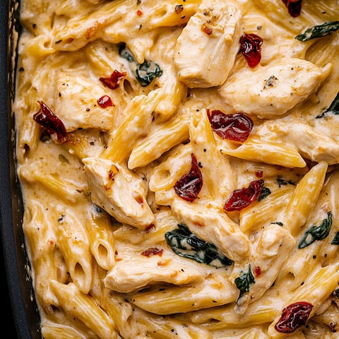 A delicious pasta dish with chicken and red peppers.