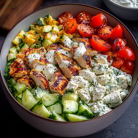 A bowl of food with chicken, tomatoes, cucumbers, and cheese.