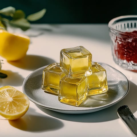 A plate of lemon squares with a bowl of jelly.