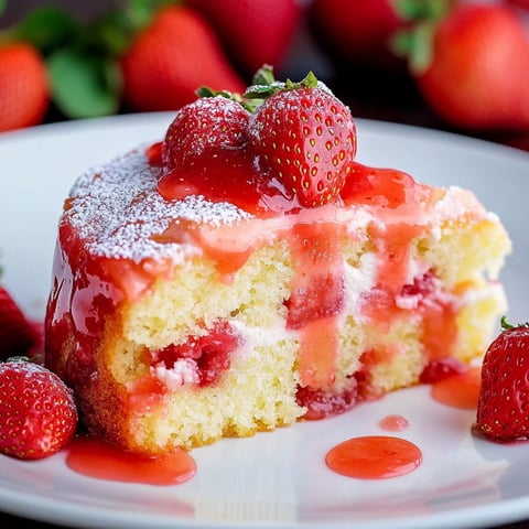 A slice of cake with strawberries on top.